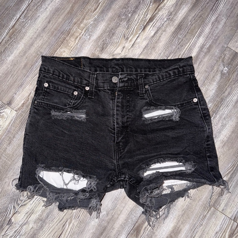 Distressed Black Denim Shorts